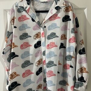 Women's Button Down Shirt with Hat Print